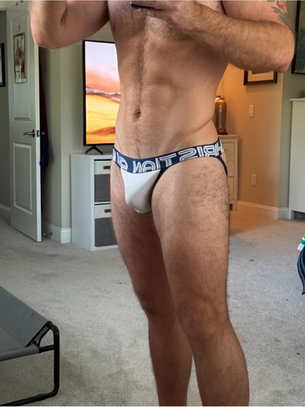 Men's Andrew Christian White Mesh Jockstrap with Navy Waistband XL - Picture 2 of 3